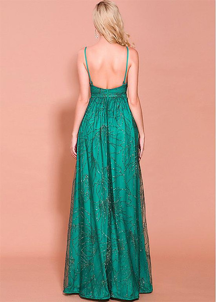 Shop Backless Spray Green Net Spaghetti Straps A-line Evening Dresses With Detachable Skirt Under 100