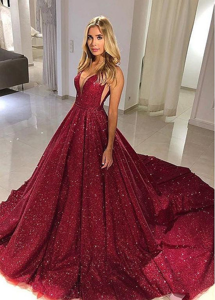 Shop Beautiful Sparkling Tulle & Sequin Lace V-neck Burgundy A-line Evening Dresses With Belt under 150