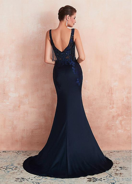 Satin & Tulle Bateau Dark Blue Mermaid Evening Dress With Beadings