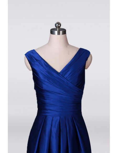 Pleated Royal Blue Knee Length Long Mother Of The Bride Dress