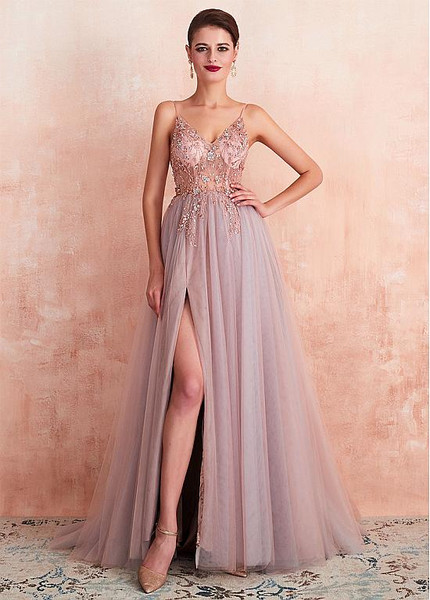 Shop Slit Backless Tulle Spaghetti Straps Neckline Pink A-line Formal Dress With Beadings under 200