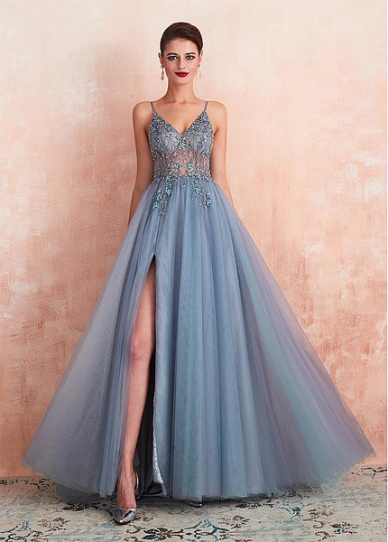 Shop Slit Backless Tulle Spaghetti Straps Neckline Pink A-line Formal Dress With Beadings under 200