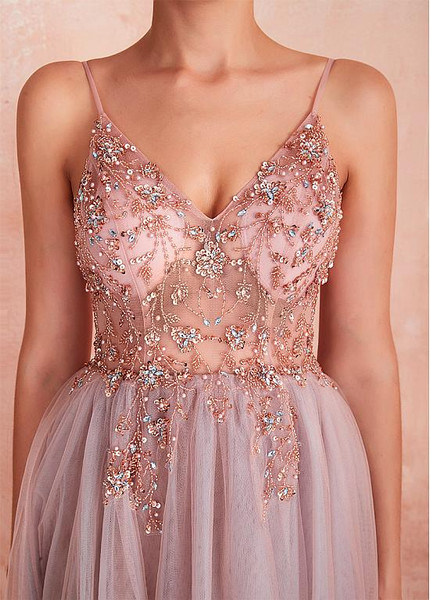 Shop Slit Backless Tulle Spaghetti Straps Neckline Pink A-line Formal Dress With Beadings under 200