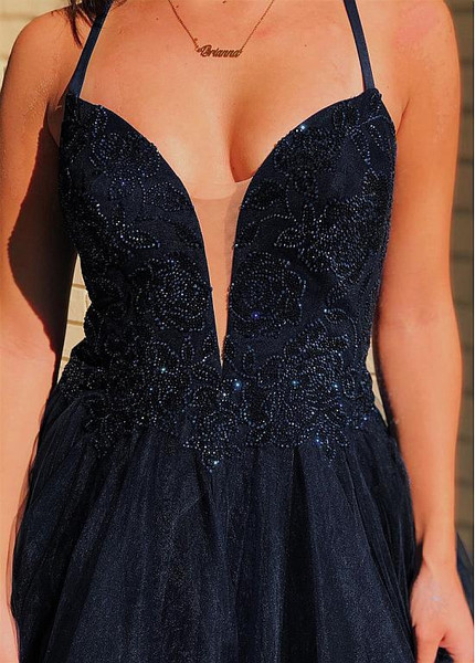 Shop Beautiful 2020 Tulle Spaghetti Straps Black A-line Evening Dresses With Beadings under 200
