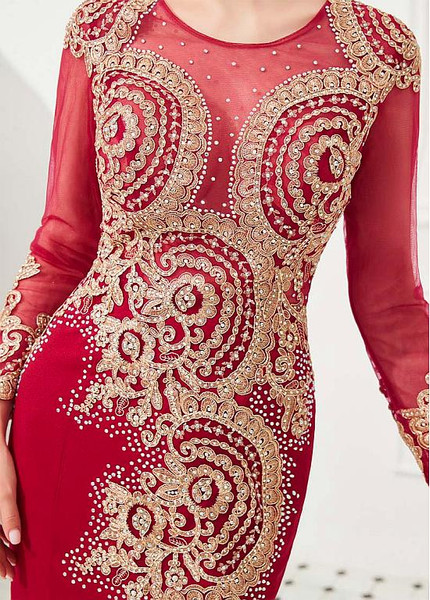 Shop 2020 Luxury Long Sleeves Red Hot Drill Lace Appliques Fishtail Mermaid Formal Dress from ANNAKOO