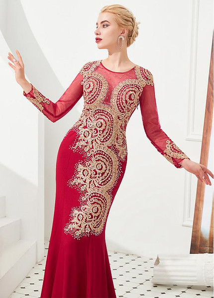 Shop 2020 Luxury Long Sleeves Red Hot Drill Lace Appliques Fishtail Mermaid Formal Dress from ANNAKOO