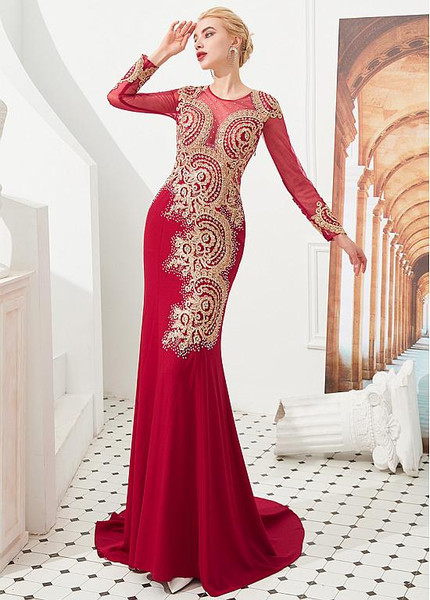 Shop 2020 Luxury Long Sleeves Red Hot Drill Lace Appliques Fishtail Mermaid Formal Dress from ANNAKOO