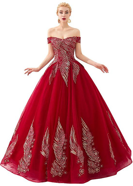Red Tulle Appliques Off the Shoulder Ball Gown Evening Dresses
