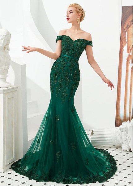 Shop Beautiful 2020 Tulle Lace Appliques Mermaid Off the Shoulder Green Evening Formal Dress under 100