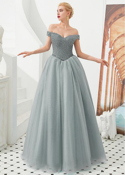 Shop Luxury 2020 Tulle Off the Shoulder Beading Silver Prom Dress under 200