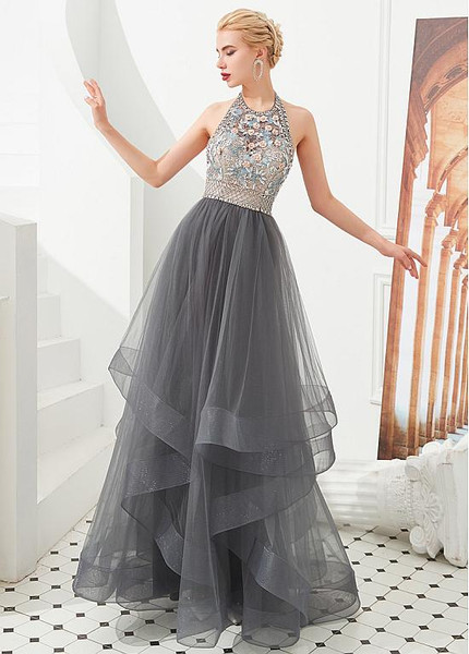 Shop Backless Open Back 2020 Beading Tulle Jewel Gray Ball Gown Handmade Flower Prom Dress from ANNAKOO
