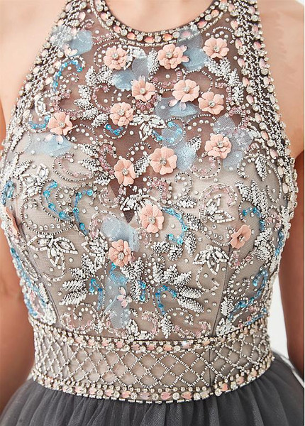 Shop Backless Open Back 2020 Beading Tulle Jewel Gray Ball Gown Handmade Flower Prom Dress from ANNAKOO
