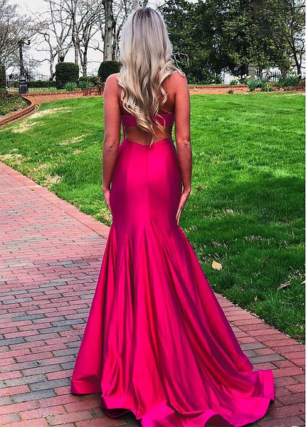 Shop Sexy Cut Out Satin Halter Hot Pink Floor-length Mermaid Evening Dresses With Slit Under 100