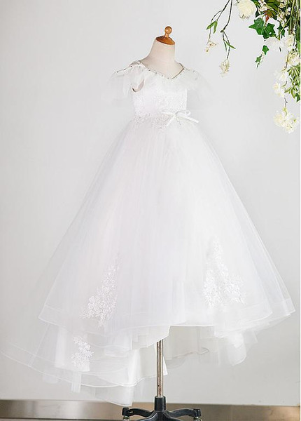 Shop Beautiful Tulle Spaghetti Straps White Appliques A-line Flower Girl Dress from ANNAKOO