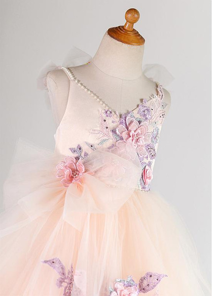 Shop Beautiful  Tulle Spaghetti Straps Pink Beading Ball Gown Flower Girl Dress from ANNAKOO