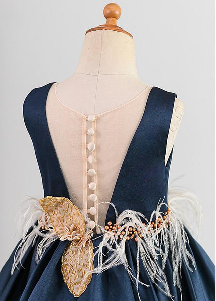 Shop Beading Cheap Satin Feather Jewel Navy A-line Knee-length Flower Girl Dress under 80