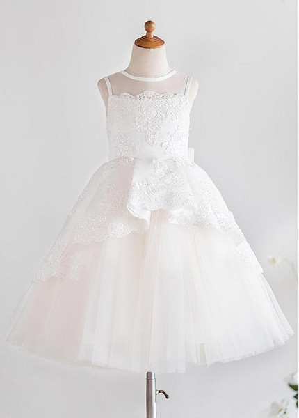 Shop Beautiful Tulle & Satin Jewel White A-line Tea-length Flower Girl Dress from ANNAKOO