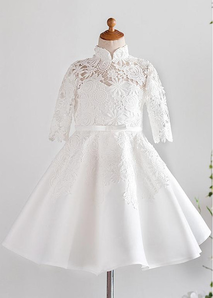 Shop Cute White Lace & Satin High Collar A-line Knee-length Flower Girl Dresses With Belt from ANNAKOO
