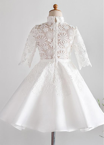 Shop Cute White Lace & Satin High Collar A-line Knee-length Flower Girl Dresses With Belt from ANNAKOO