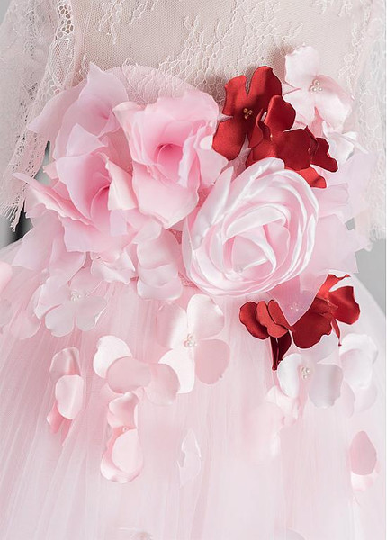 Shop Beautiful Long Tulle Jewel Pink A-line Knee-length Flower Girl Dresses With 3D Flowers under 80
