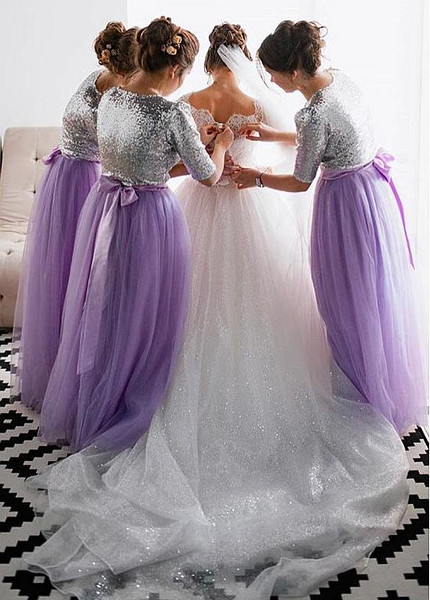 Shop Light Purple Sequin Lace Jewel Lilac Floor-length A-line Bridesmaid Dresses With Belt under 100