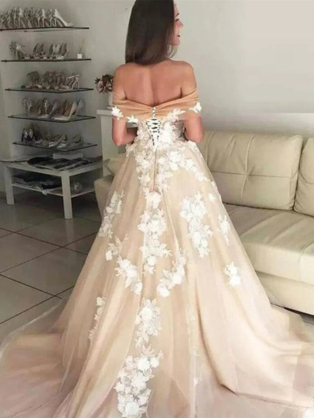 Shop 2020 Romantic Off Shoulder White Lace Appliques Champagne Wedding Dress under 200