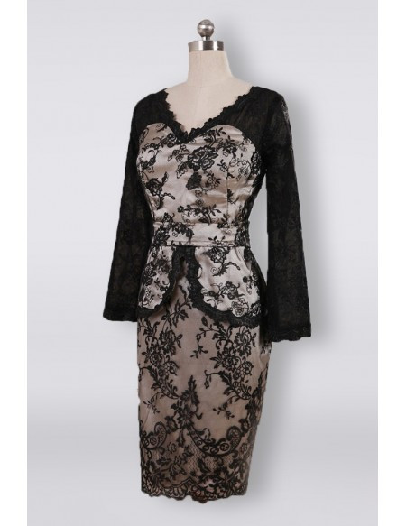Long Sleeves Black Lace V-neck Short Mother Of The Groom Dress