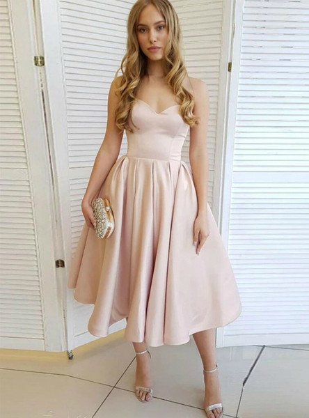 Shop Cheap Satin Sweetheart Pleats A-Line Champagne Tea Length Prom Dress Under 100