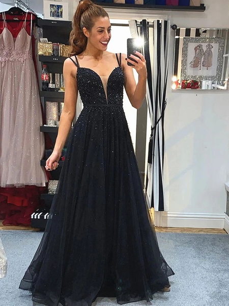 Shop Beautiful Backless Beaded Top Black Elegant A Line V Neck Long Prom Dress under 200