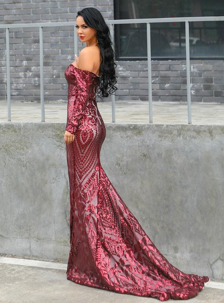 Shop Bling Bling 2002 Burgundy Sequins Off The Shoulder Long Sleeve Party Dress under 100
