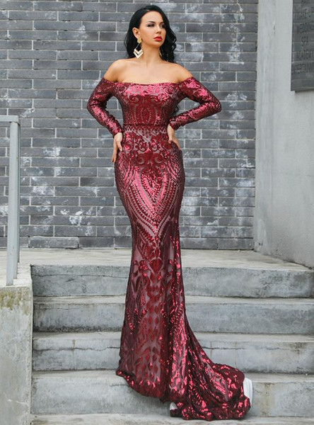 Shop Bling Bling 2002 Burgundy Sequins Off The Shoulder Long Sleeve Party Dress under 100
