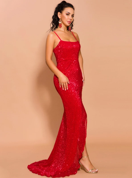 Shop 2020 Spaghetti Straps Sexy Red Sequins Party Dress With Split under 100
