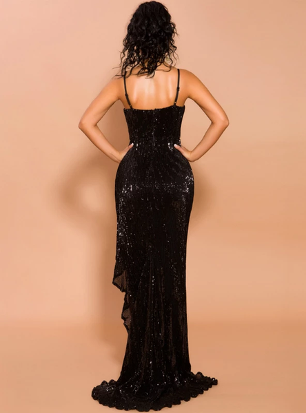 Black Sequins Spaghetti Straps Party Dress With Split