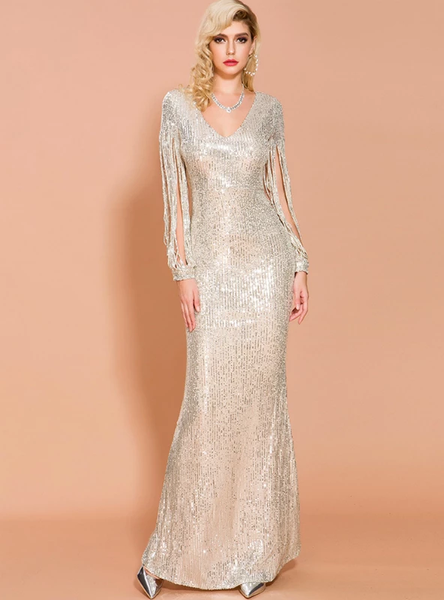 Shop Cheap Champagne Long Sleeve Chest Hollow High Waist Lace Party Dress Under 100