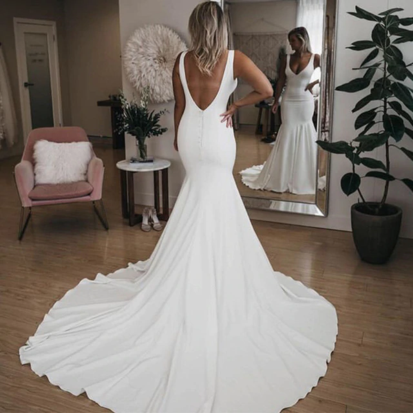Shop Sexy Open Back 2020 Satin Deep V-neck Backless White Mermaid Wedding Dress under 120