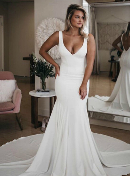Satin Deep V-neck Backless White Mermaid Wedding Dress