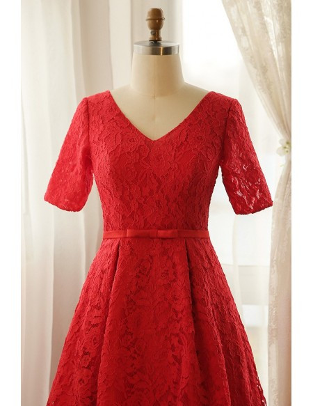 Red Lace V-neck Long Plus Size Short Sleeve Mother Of The Brides Dress