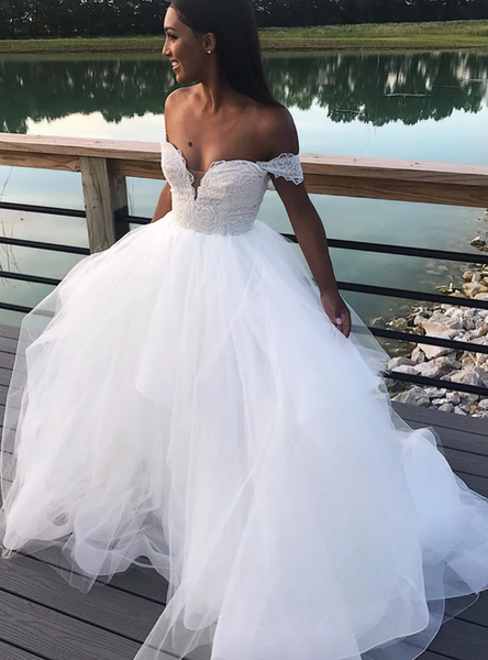 Shop Beautiful Tulle Off the Shoulder White Ball Gown Wedding Dress For 2020 Wedding