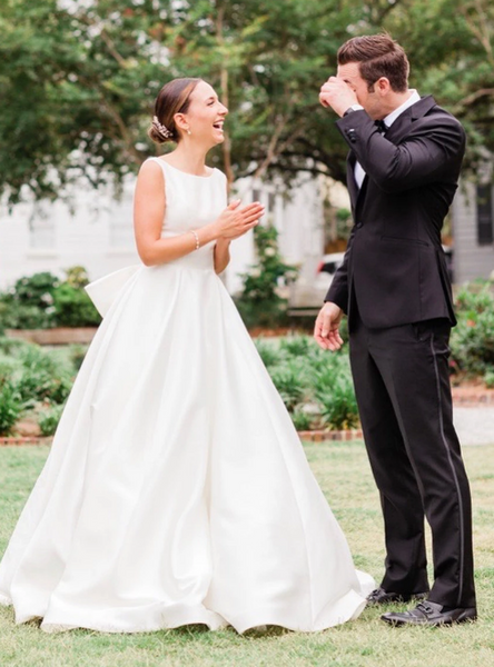 Shop 2020 Beautiful Sleeveless Backless White Satin Scoop Wedding Dress With Bow Under 150