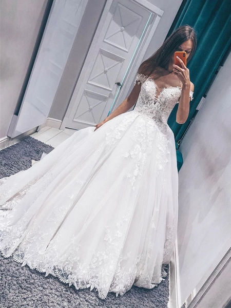 Shop New Arrival 2020 Off The Shoulder White Lace Appliques Long Wedding Dress Under 200