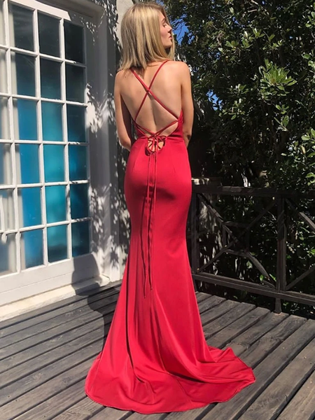Shop 2020 Sexy V Neck Mermaid Backless Red Long Prom Dress Under 100