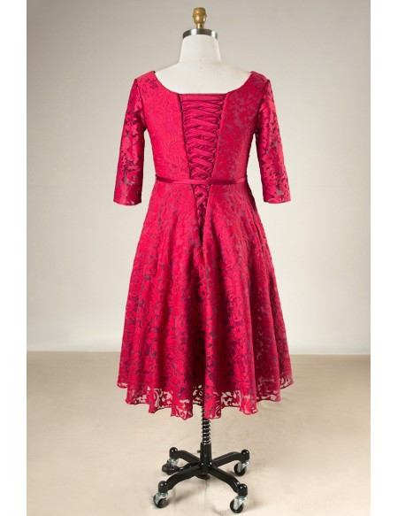 Plus Size Half Sleeves Burgundy Lace Short Mother Of The Brides Dress
