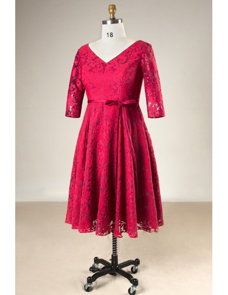 Plus Size Half Sleeves Burgundy Lace Short Mother Of The Brides Dress