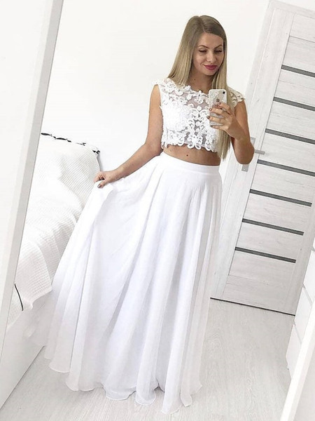 Shop Sexy 2020  Two Pieces Lace White A Line Round Neck Prom Dress Under 130