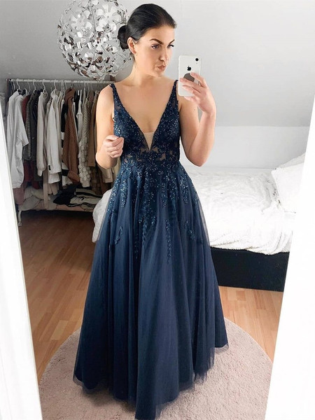 Shop Sexy Appliques A Line V Neck Lace Navy Blue Long Prom Dress  Under 150