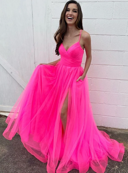 Shop Sexy Fuchsia A Line V Neck Coral Tulle Long Prom Dress with High Split Under 100