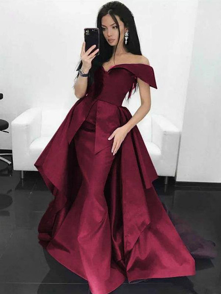 Shop Unique 2020 Burgundy Floor Length A-Line Off-the-Shoulder  Prom Dress with Short Sleeve Under 130