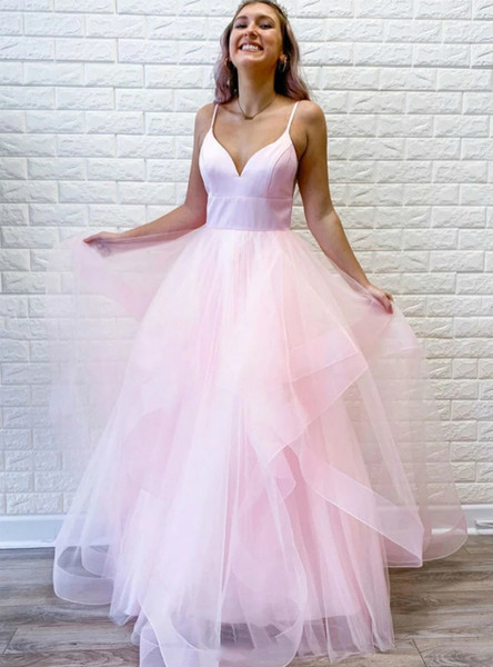 Shop 2020 Cheap Tulle V-neck Sleeveless A-Line Pink Long Prom Dress Under 100