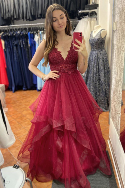 Shop 2020 New Cheap Sexy V Neck A-Line Cascading Ruffles Red Long Prom Dress Under 130