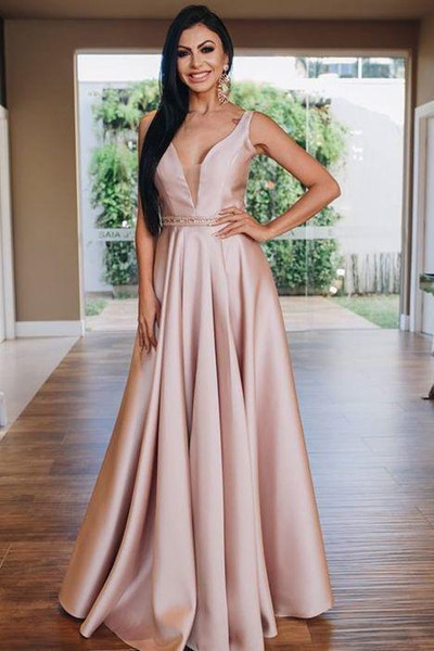 Shop Cheap 2020 Satin V Neck A-Line Beading Blush Pink Prom Dress Under 100